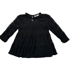 Monteau High Neck 3/4 Sleeve Lined Top Women's Small Black Lace Tiered